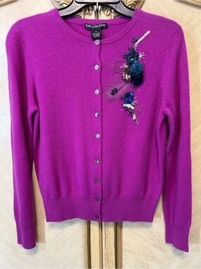 Babette Ballinger Purple Pink Embellished Beaded Sequin 100% Cashmere Cardigan
